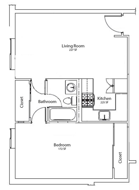 Floor plan for 1 bed, 1 bath, 582 sqft
